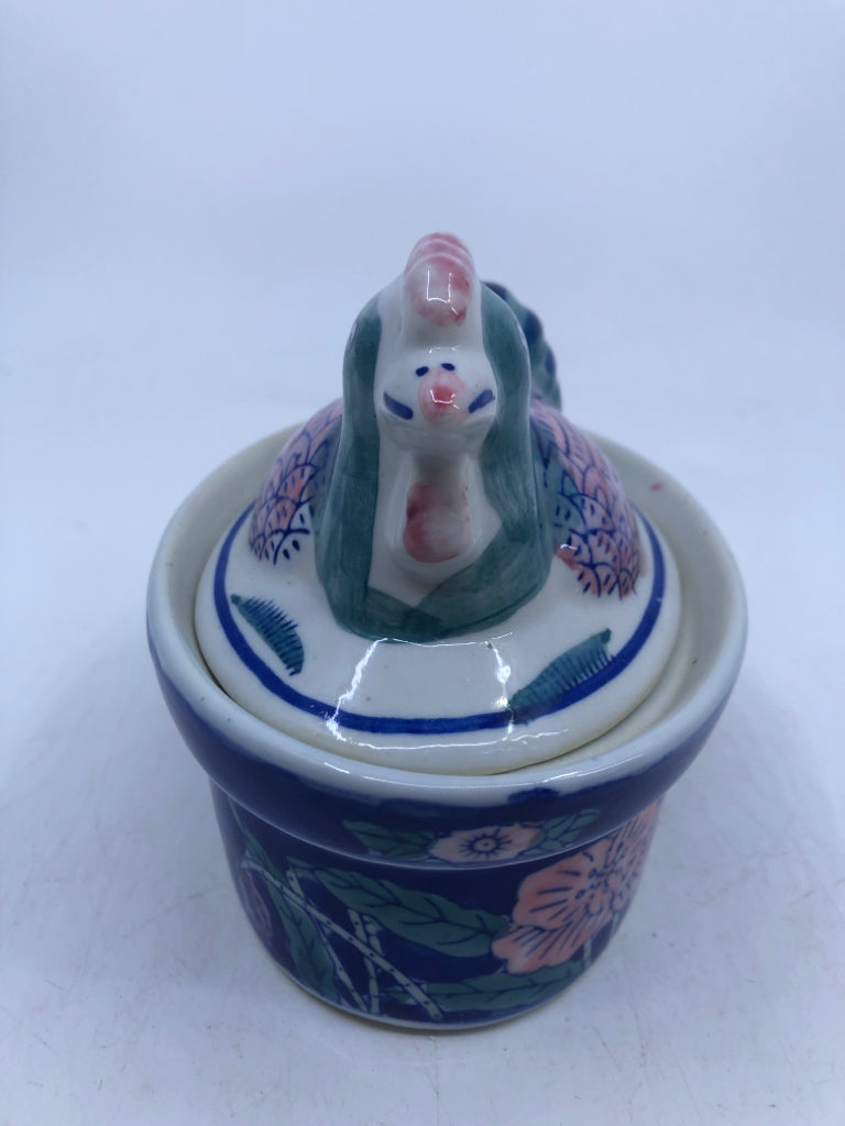 CERAMIC DARK BLUE/GREEN PINK ROSTER OVAL DISH W/COVER.