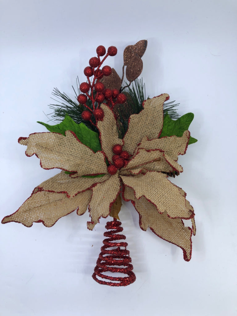 BURLAP POINSETTIA RED SPARKLY TREE TOPPER.