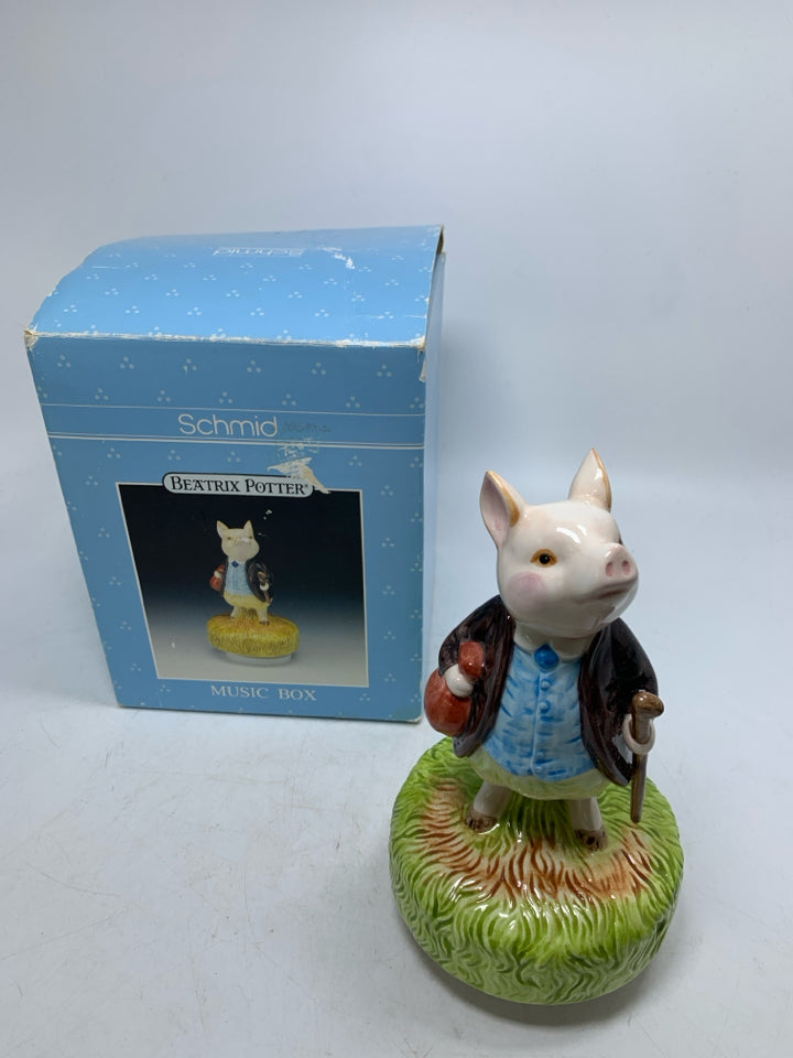 VTG IN BOX PIGLING BLAND CERAMIC MUSIC BOX PIG DRESSED IN SUIT.