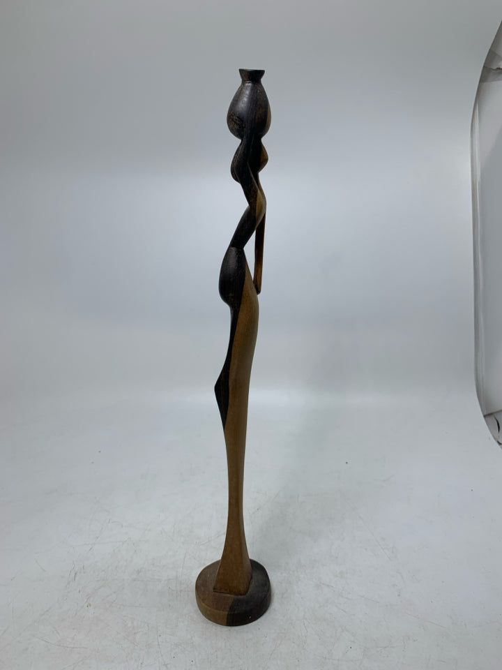 WOOD CARVED FOLK ART WOMAN CARRYING VASE ON HEAD.