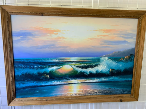 LARGE WAVE IN THE SUNSET SIGNED OIL PAINTING WOOD FRAME.