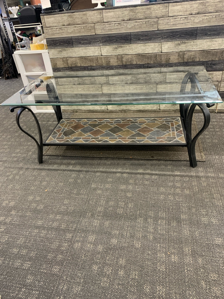 METAL 2 TIER TABLE TILE BOTTOM/GLASS TOP COFFEE TABLE.