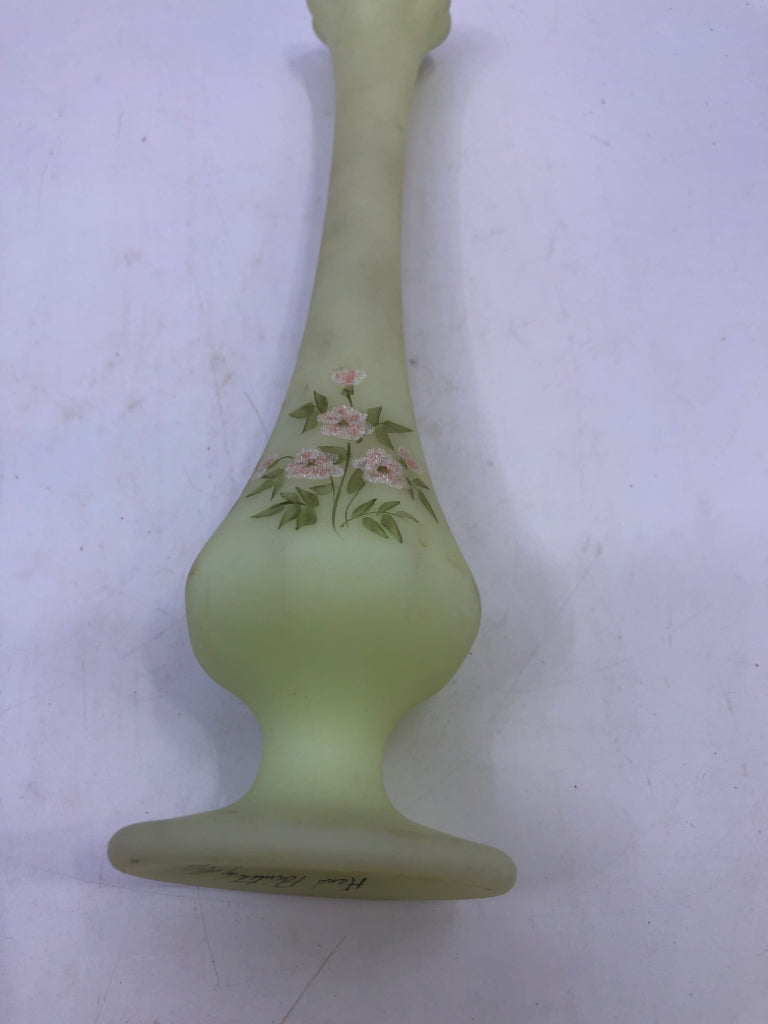 VTG URANIUM GLASS FOOTED VASE W/ PAINTED PINK FLOWERS.