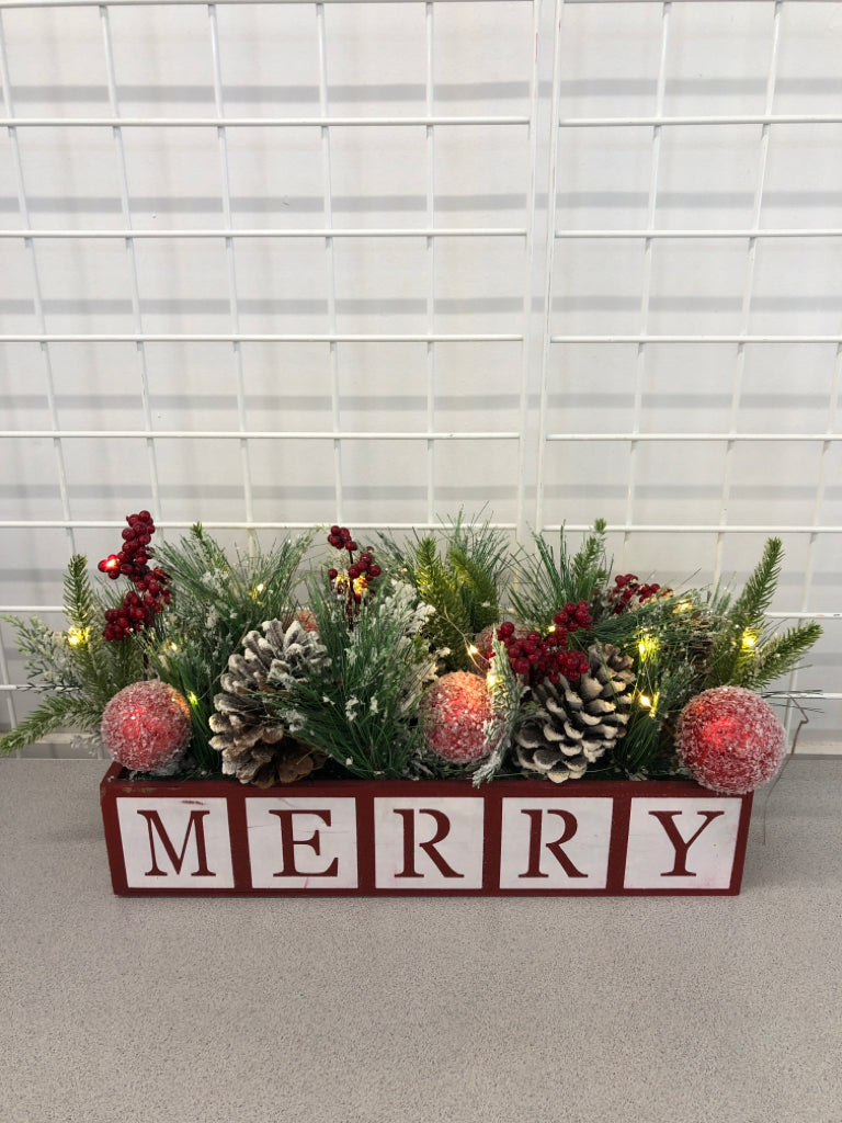 SNOW COVERED LIGHT-UP "MERRY" PINE & BERRY DECOR.