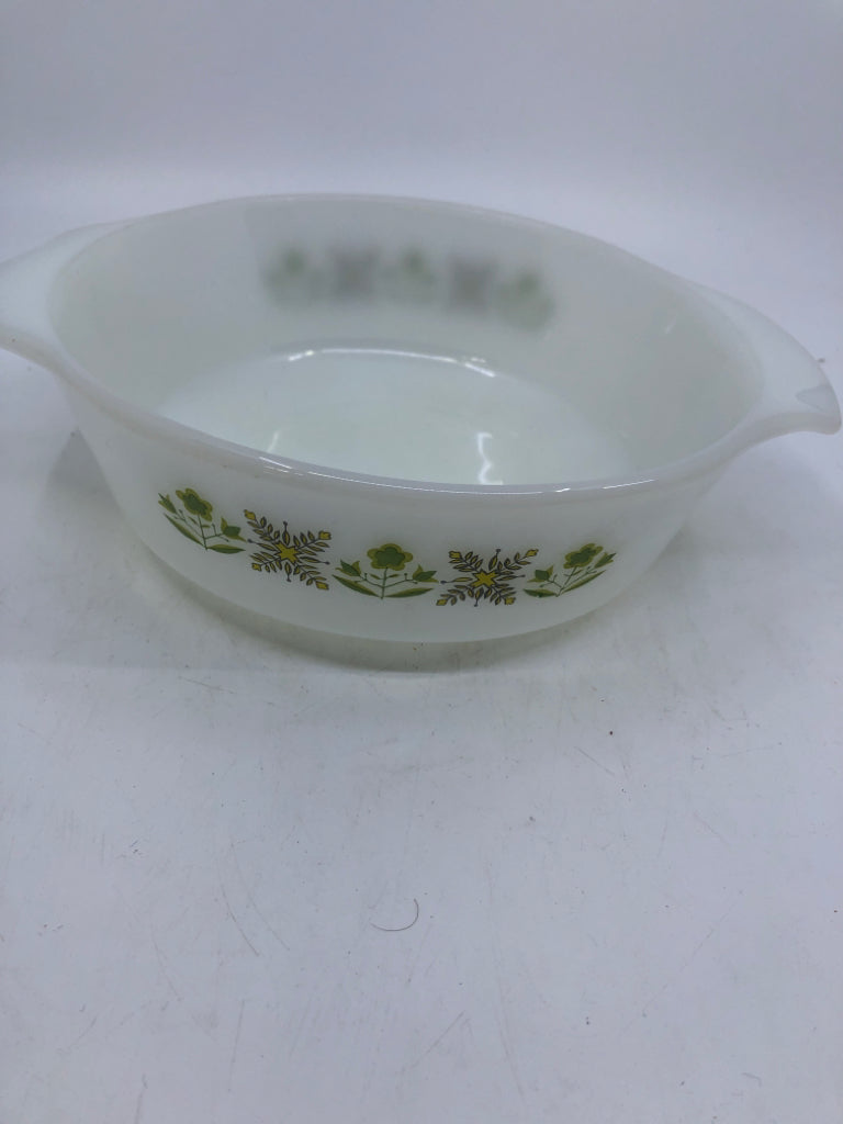 VTG GREEN FLOWERS HANDLED SERVING BOWL.