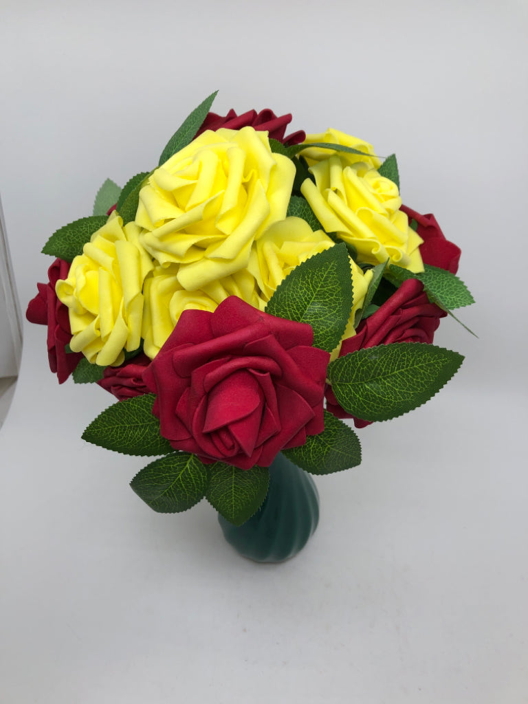 FAUX YELLOW & RED ROSES IN GREEN VASE.