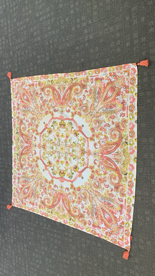 OPALHOUSE PINK/RED/YELLOW TABLE CLOTH W/PINK TASSELS.