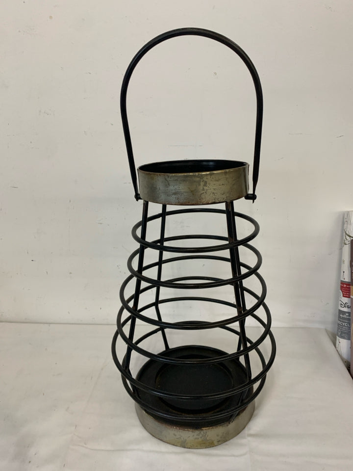 BLACK METAL DISTRESSED CANDLE HOLDER LANTERN.