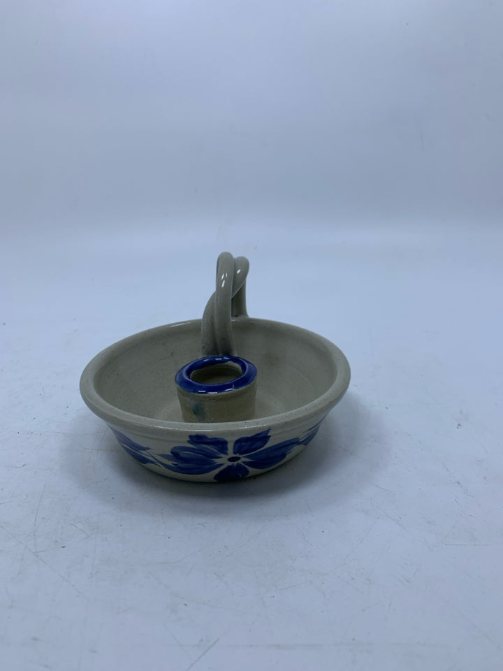 GRAY POTTERY TAPERED CANDLE HOLDER W/ BLUE FLOWER/HANDLE.