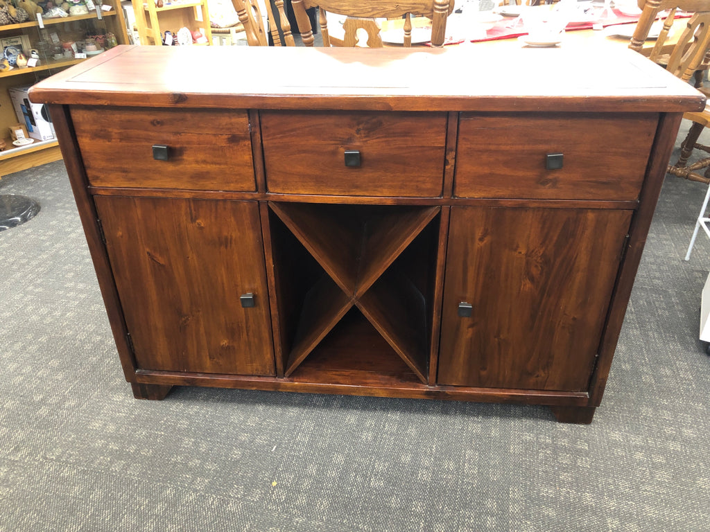 DARK WOOD 3 DRAWER 2 CABINET BUFFET W WINE RACK.