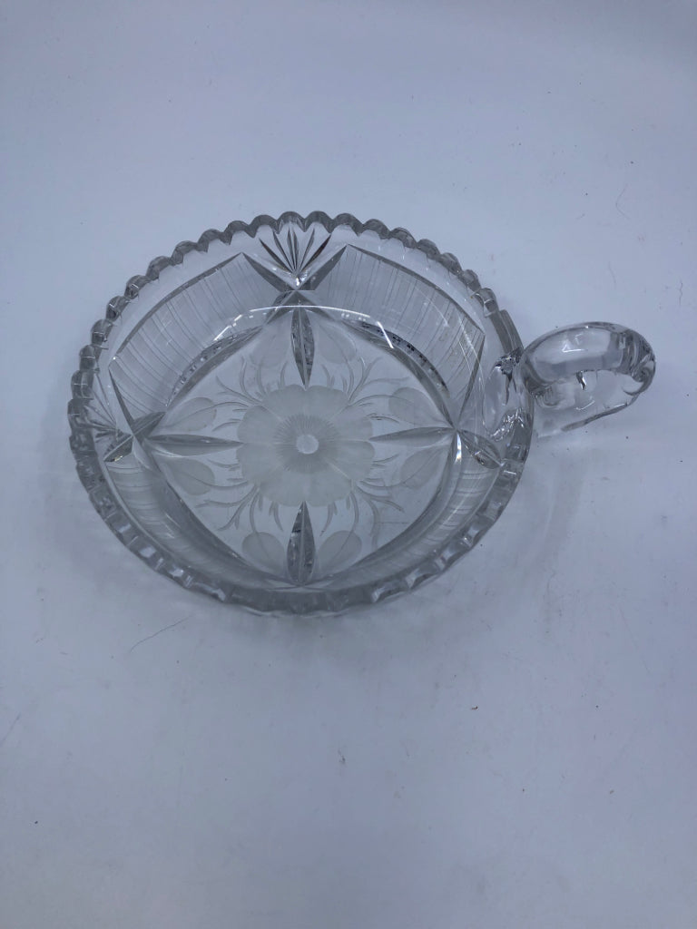 SHALLOW CANDY DISH W/ HANDLE ETCHED FLOWERS+LINES SAWTOOTH EDGE.