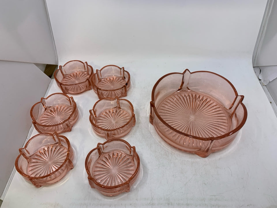 VTG 7PC PINK GLASS SERVING BOWL + IND BOWLS.