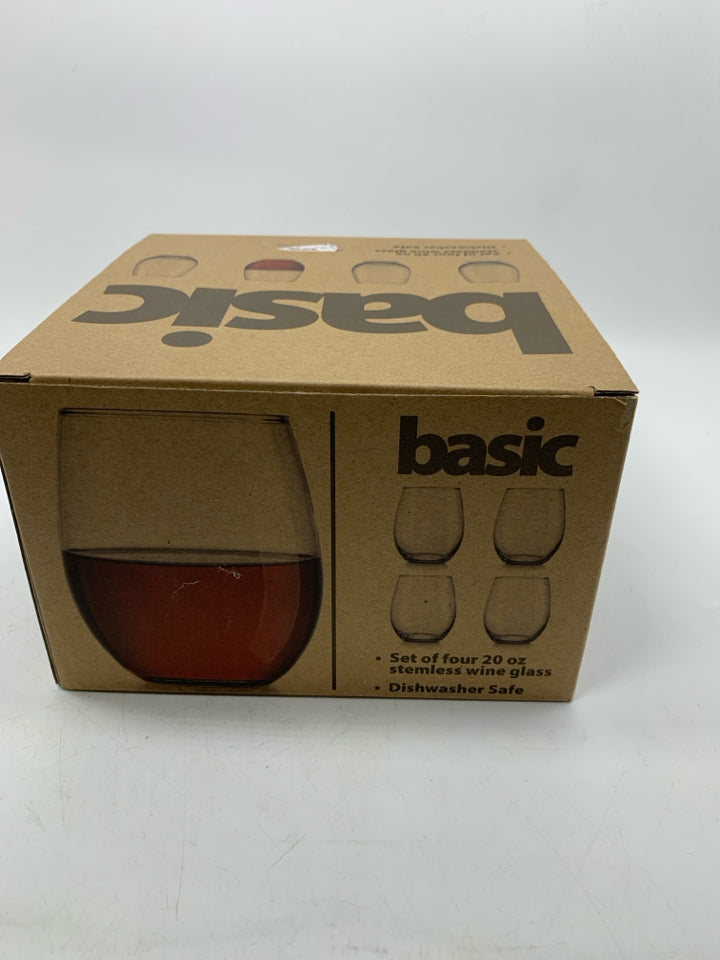 NIB 4 STEMLESS CLEAR WINE GLASSES.