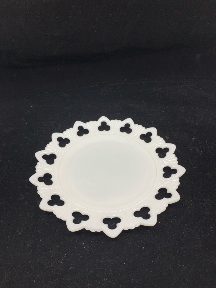 VTG MILK GLASS TRAY- PIERCED LACE EDGE.