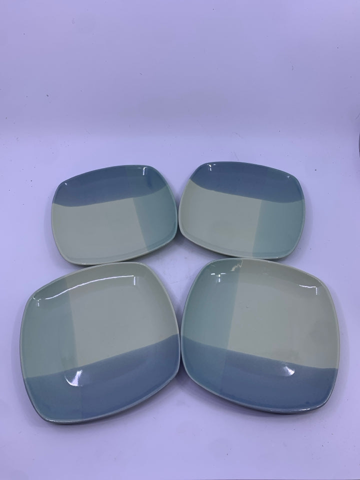 4 BLUE GREEN ROUND EDGE SQUARE DESSERT PLATES.