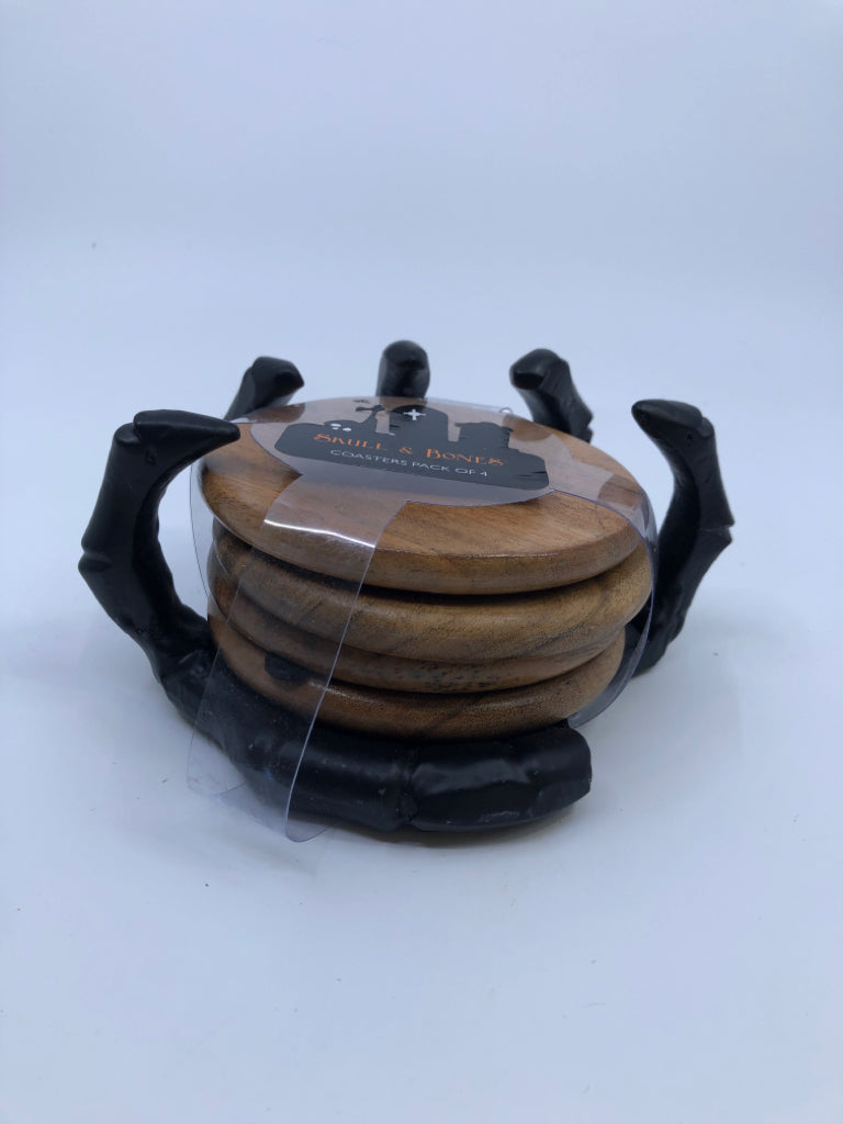 4PK SKULL AND BONES WOOD COASTERS.