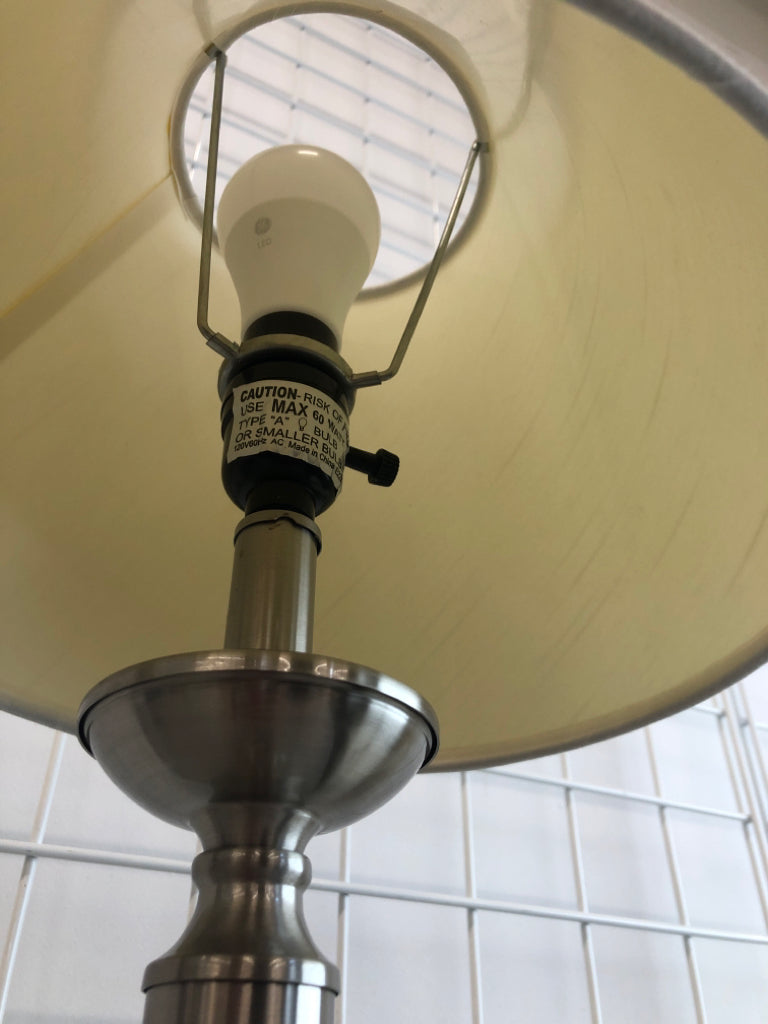 SILVER LAMP W/WHITE CONE SHADE.