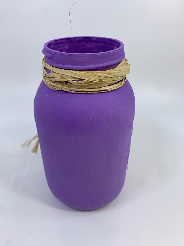 PURPLE MASON JAR TEA LIGHT HOLDER W/CANCER RIBBON.