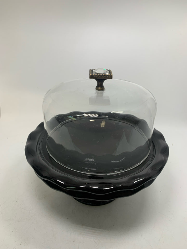 2 PC CERAMIC CAKE STAND W/ GLASS DOME DAZZLED HANDLE.