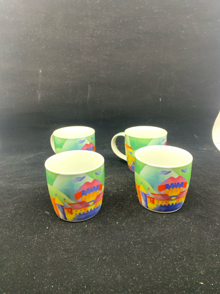 4 COLORFUL FUN FANTASY CASTLE MUGS.