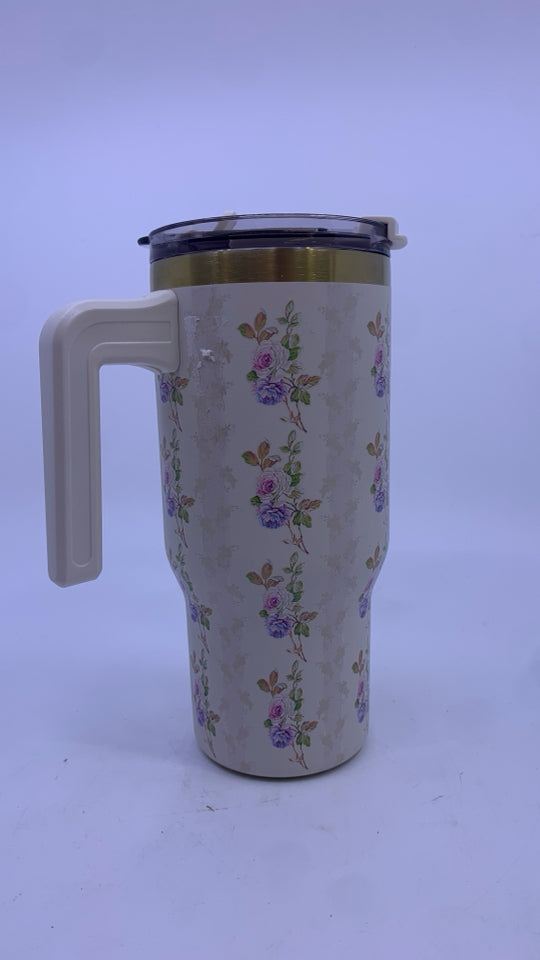 HYDRAPEAK WATER BOTTLE CREAM W/ PINK+PURPLE FLOWERS.