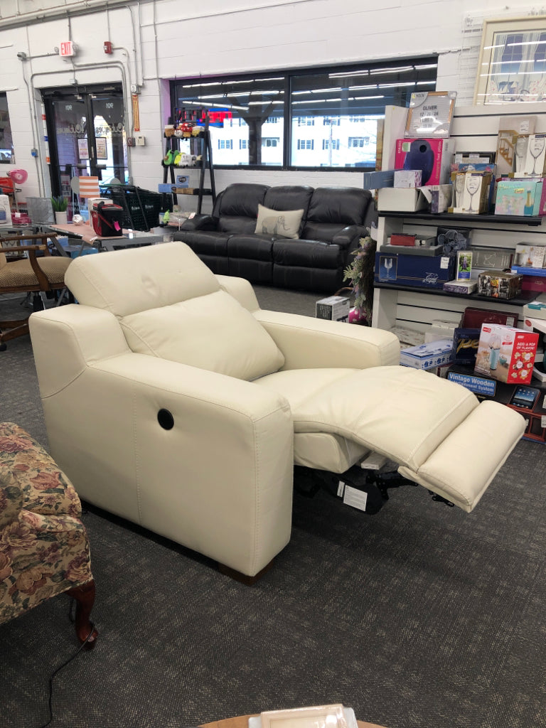 WHITE FAUX LEATHER RECLINER.