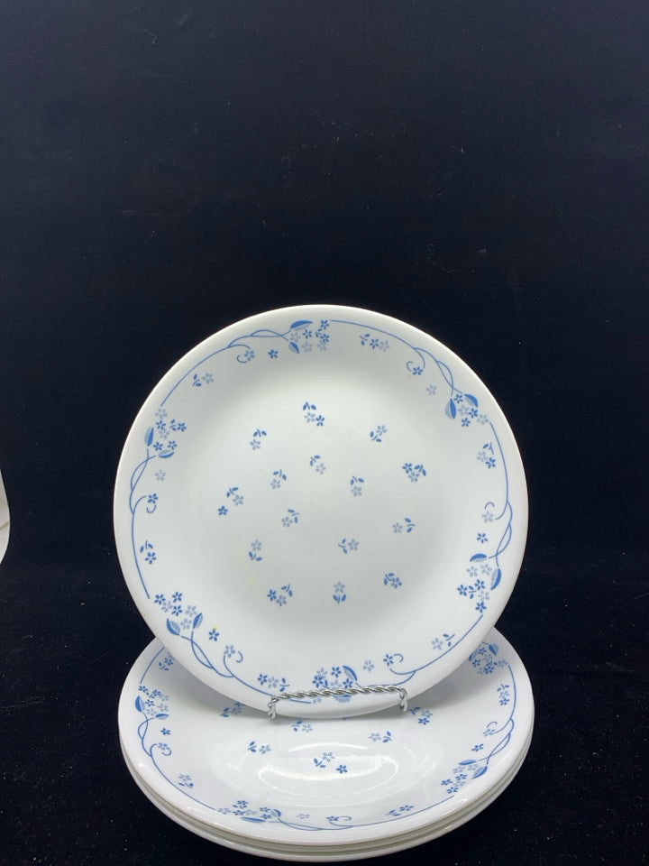 4 BLUE FLORAL CORELLE LUNCH PLATES.