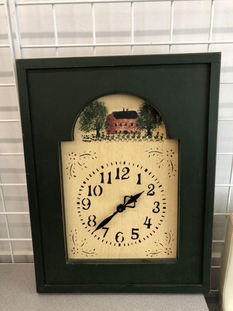 HAND-PAINTED GREEN PRIMITIVE CLOCK.