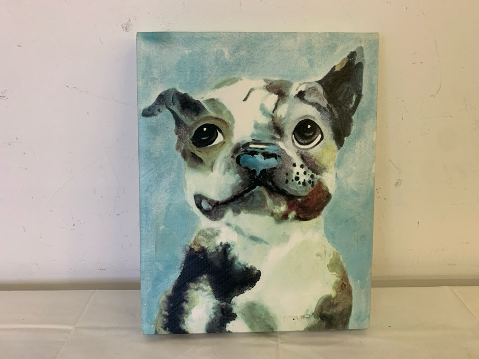 GRINNING DOG CANVAS W/ LIGHT BLUE BACKGROUND.