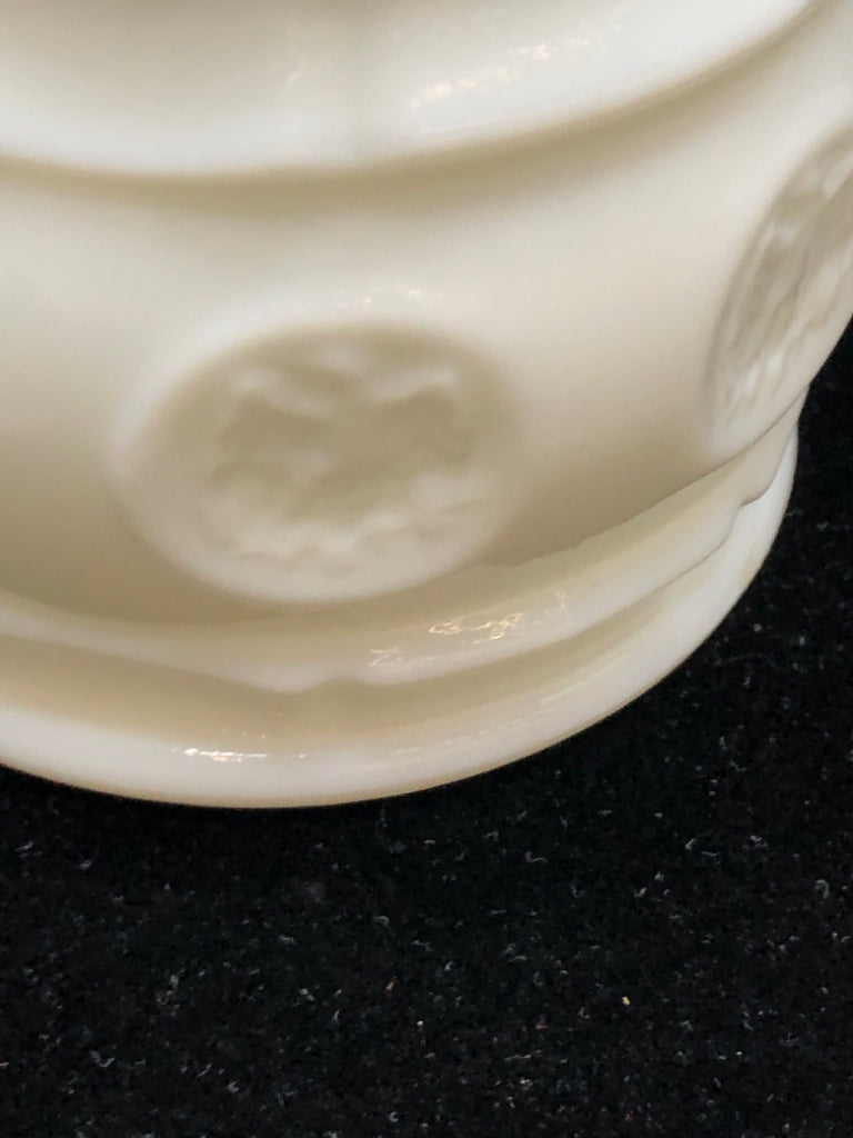 VTG MILK GLASS COVERED JAR W/EAGLE MEDALLION.
