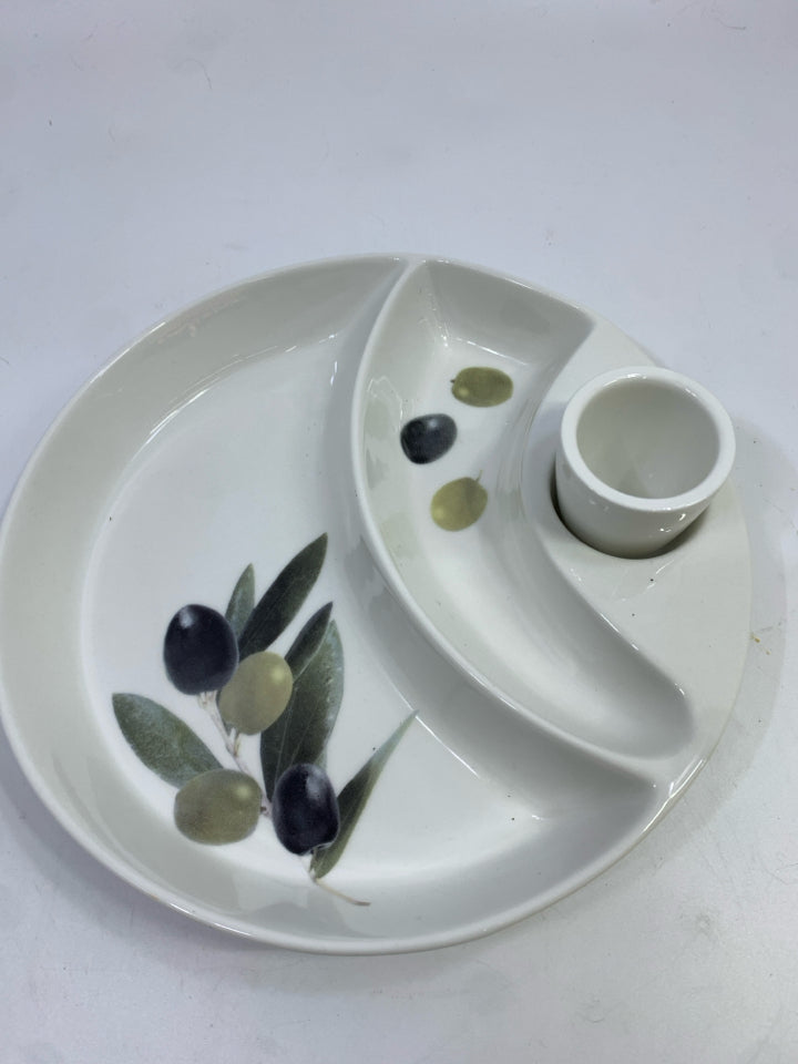OLIVE DISH W/PIT CUP & PAINTED OLIVES.