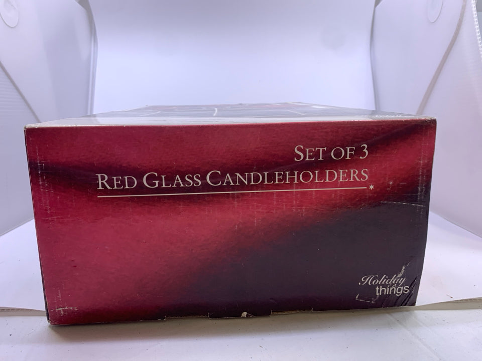 3 NIB RED GLASS CANDLE HOLDER.