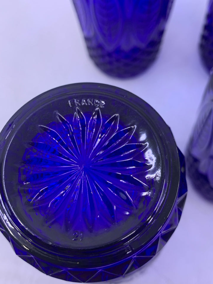 6 COBALT BLUE EMBOSSED DESIGNS GLASSES.