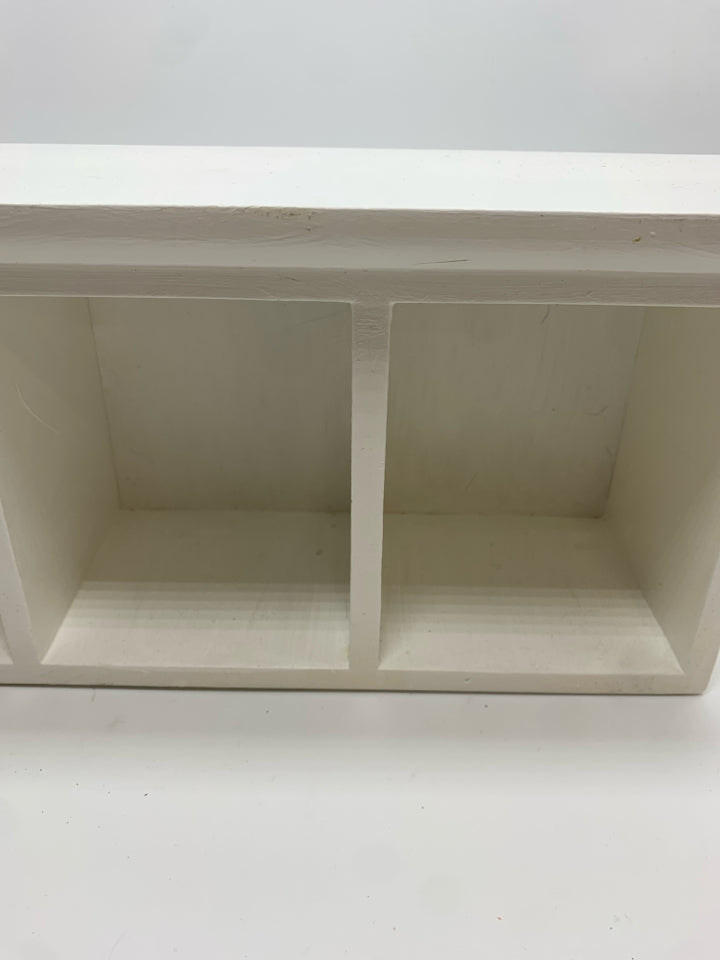 WHITE WOOD 3 CUBBY WALL SHELF.