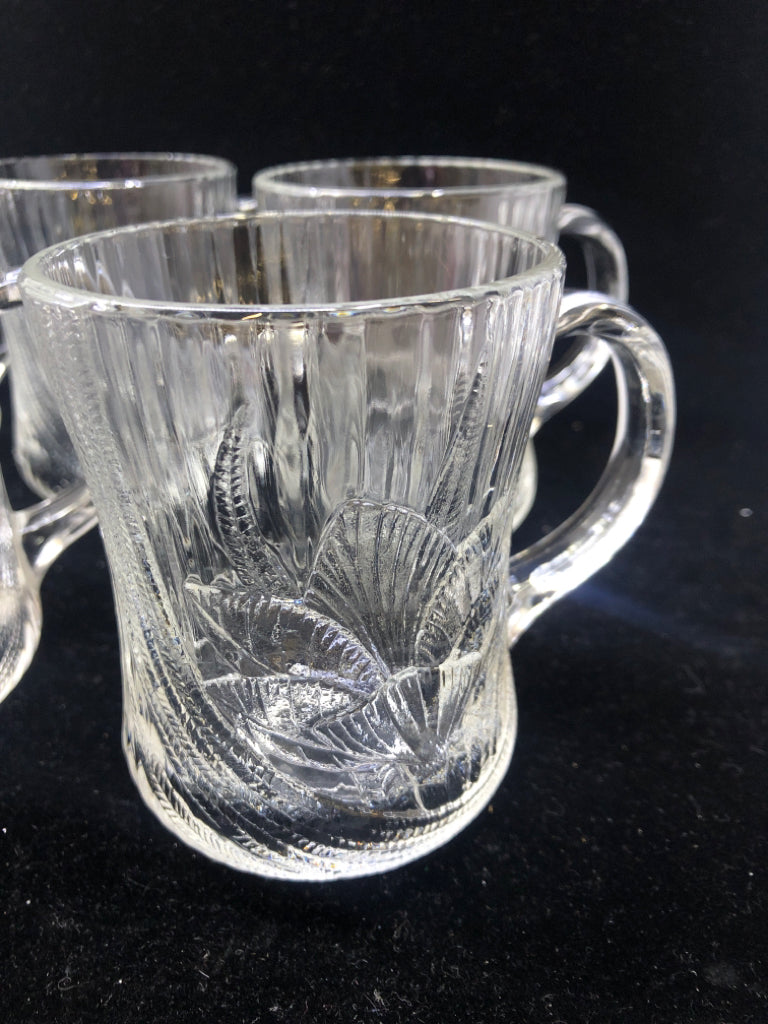8 FLORAL CUT GLASS MUGS-ARCOROC FRANCE.