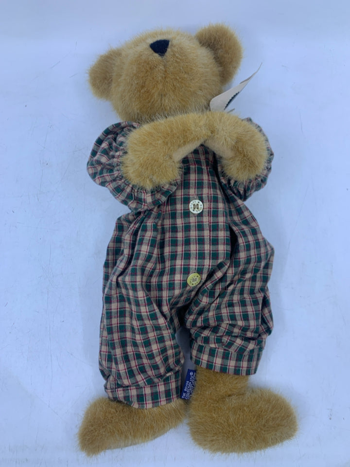 LIGHT TAN BEAR W/ GREEN PLAID JUMPSUIT.