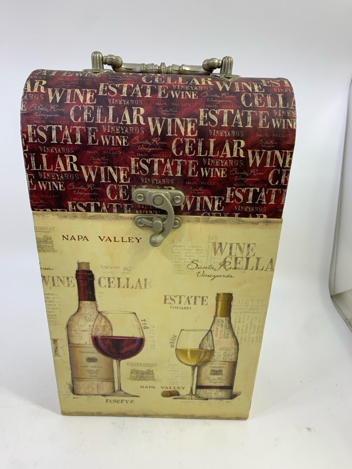 2 BOTTLE WINE CARRYING BOX W/METAL LATCH AND HANDLE.