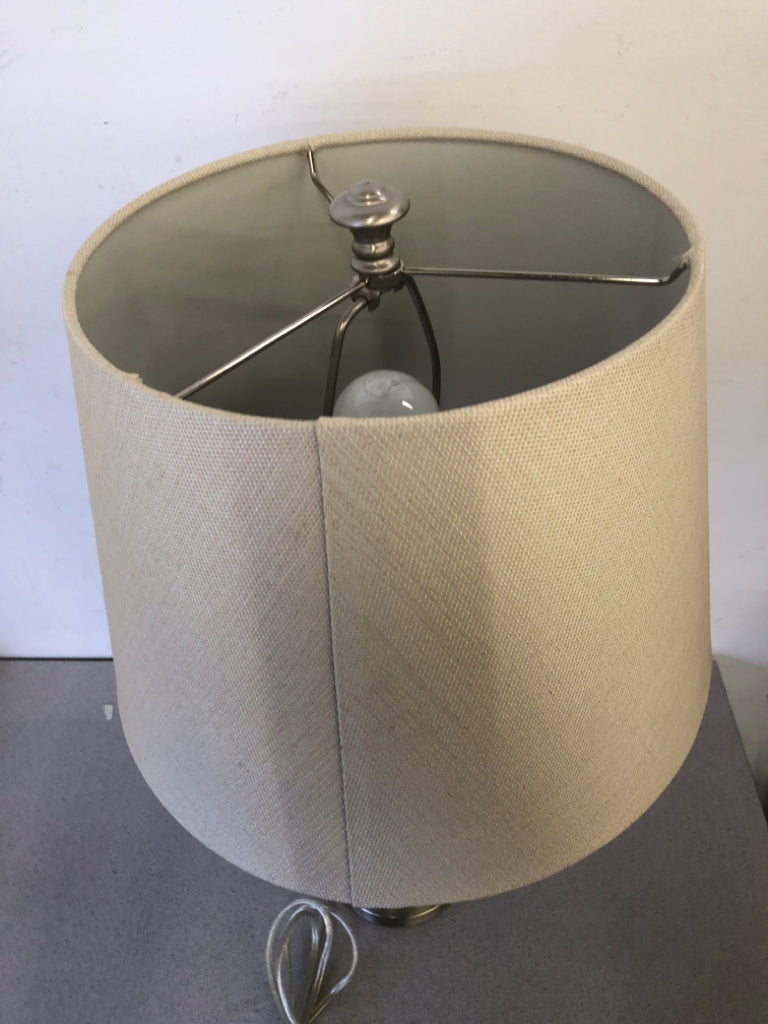 SILVER/GLASS BALL TABLE LAMP W/ BEIGE SHADE.
