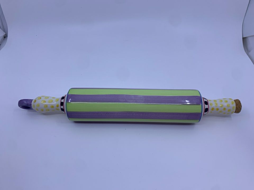 MCKENZIE-CHILDS LIGHT PURPLE AND GREEN FILL-ABLE ROLLING PIN.