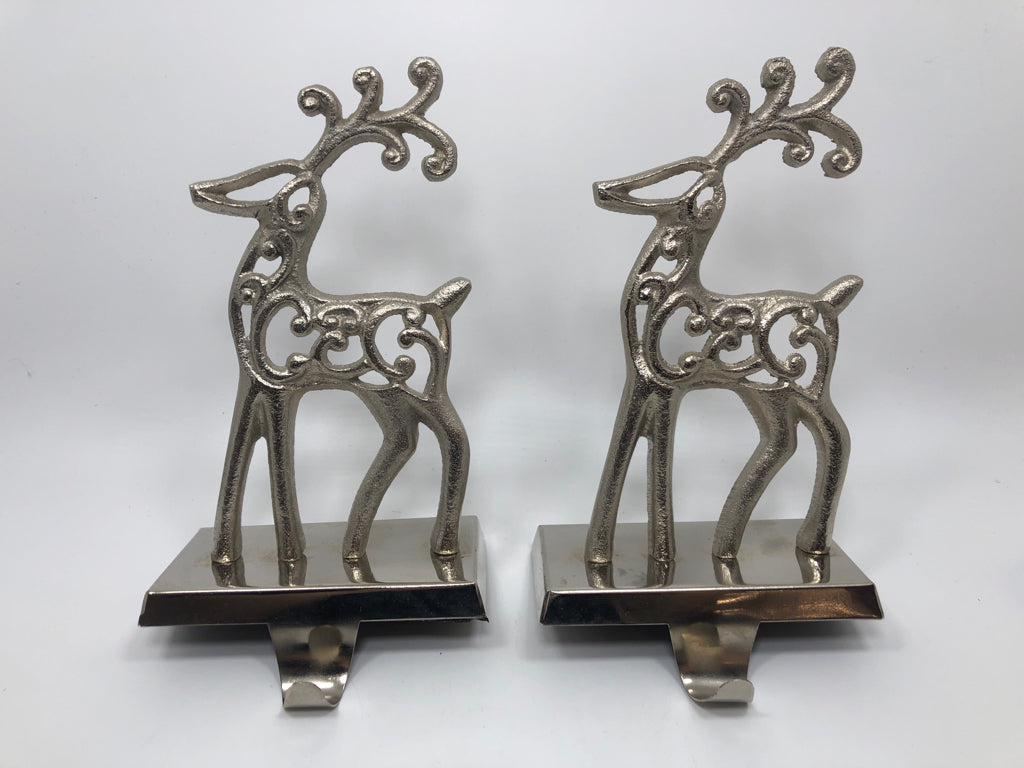 2 REINDEER SILVER STOCKING HOOKS.