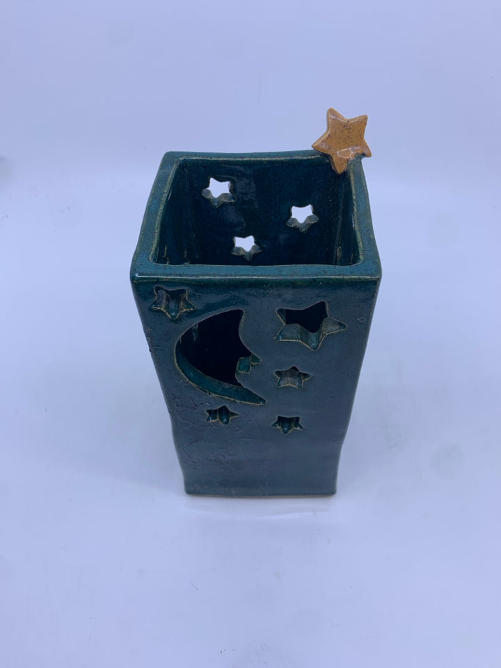 POTTERY SQUARE TEA LIGHT HOLDER W/ STAR + MOON CUTOUTS.