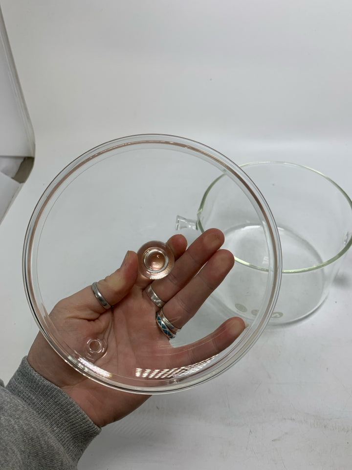 CLEAR GLASS SIMMER POT BOROSILLICATE GLASS W/ HANDLES & LID.