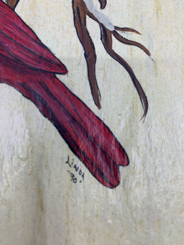 VTG STONE SLATE PAINTED CARDINAL ON BRANCH W/ RED BARN WINTER SCENE.