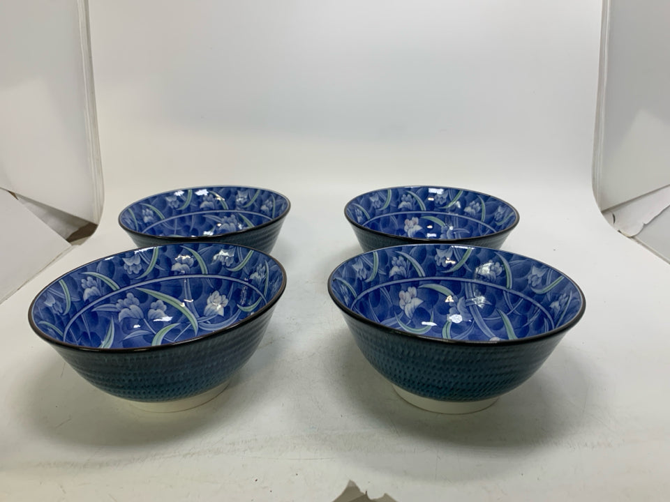 4 BLUE W/ FLOWERS TEXTURED EXTERIOR BOWLS.