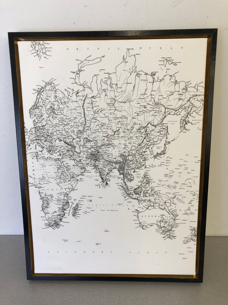MAP OF ASIA CANVAS IN BLACK + GOLD FRAME.