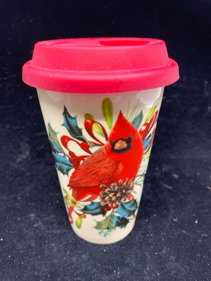 LENOX CARDINAL CERAMIC TRAVEL MUG.