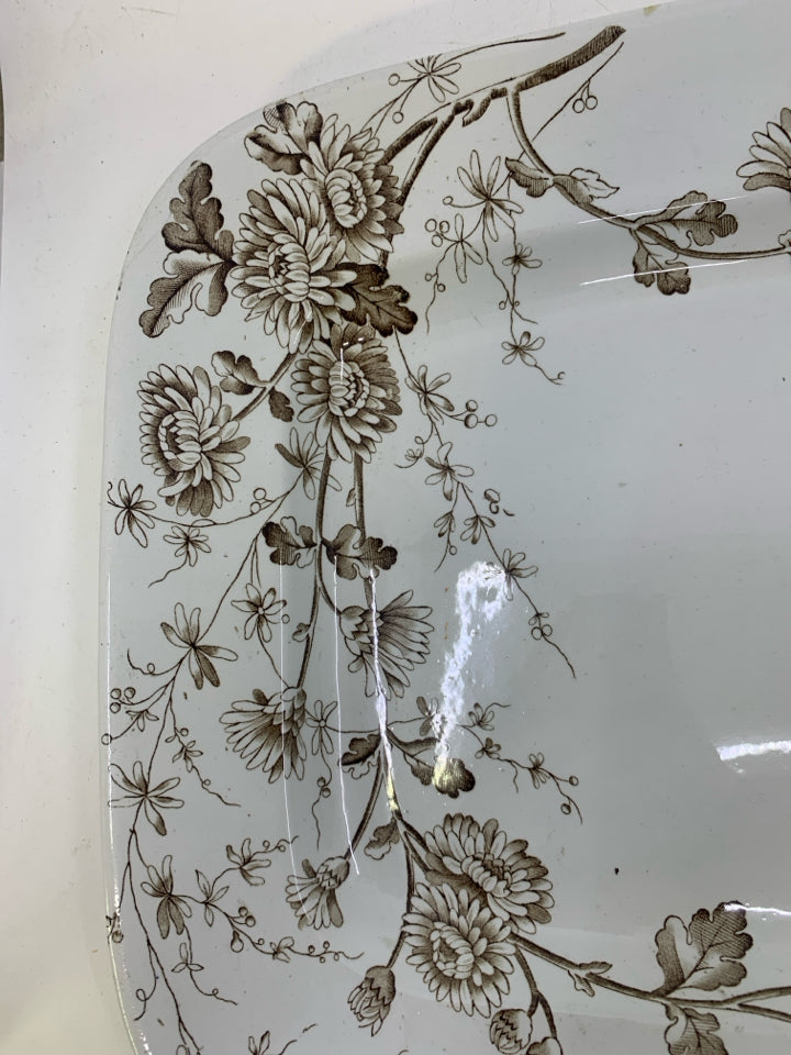 VTG SPRING BROWN FLOWERS RECTANGLE PLATTER.