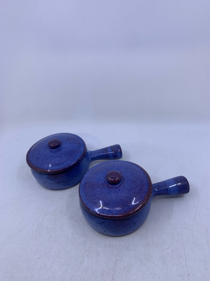 2 BLUE/PURPLE TERRA COTTA FRENCH ONION SOUP CROCKS W/ LIDS RIMS UNEVEN.
