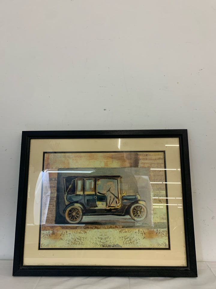 OLD VTG BLUE CAR PRINT WALL HANGING IN BLACK FRAME.