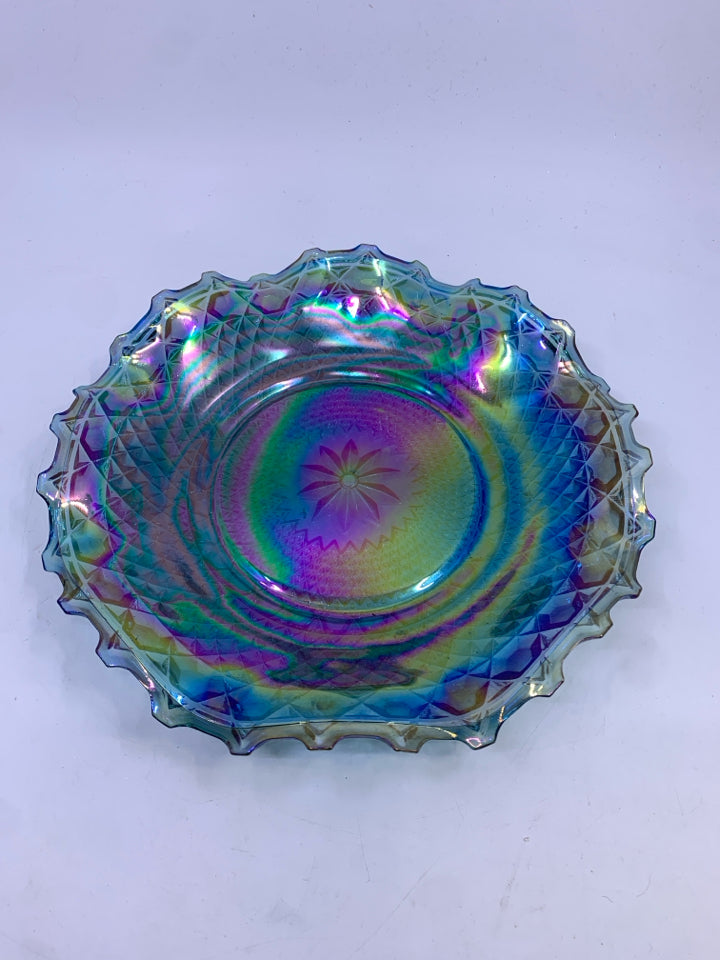 VTG BLUE CARNIVAL GLASS WAVY EDGE SERVER.